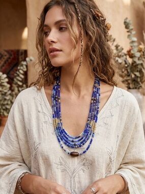 Multi-Strand Blue Beaded Statement Necklace